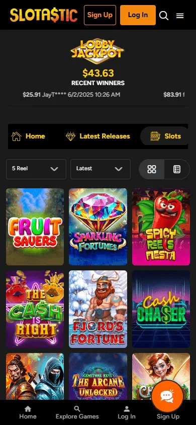 Slotastic Casino mobile browser showing casino game choices
