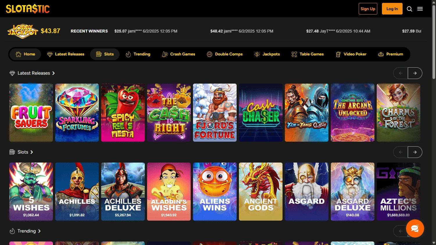Slotastic Casino desktop selection of jackpot and table games