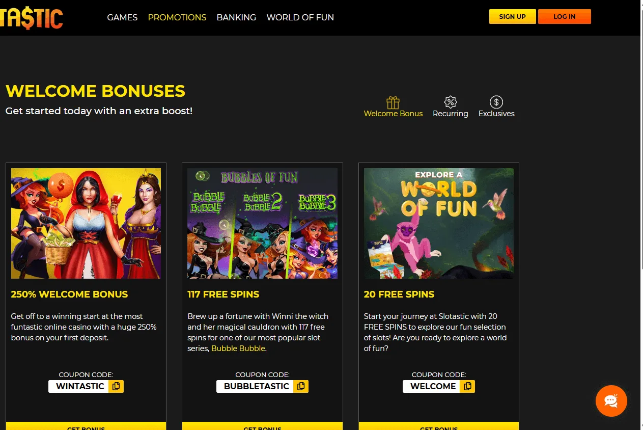 Slotastic Casino desktop promotions with welcome and reload offers